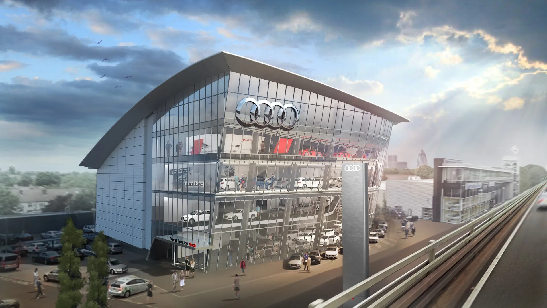 Freistehendes Autohaus mit geschwungenem, segelartigem Dach und verglaster Fassade mit großem Audi-Logo, mehrstöckigem Schauraum mit ausgestellten Fahrzeugen, Eingangsbereich mit Schriftzug West London Audi und Passanten auf der Straße davor, bei Tageslicht mit bewölktem Himmel