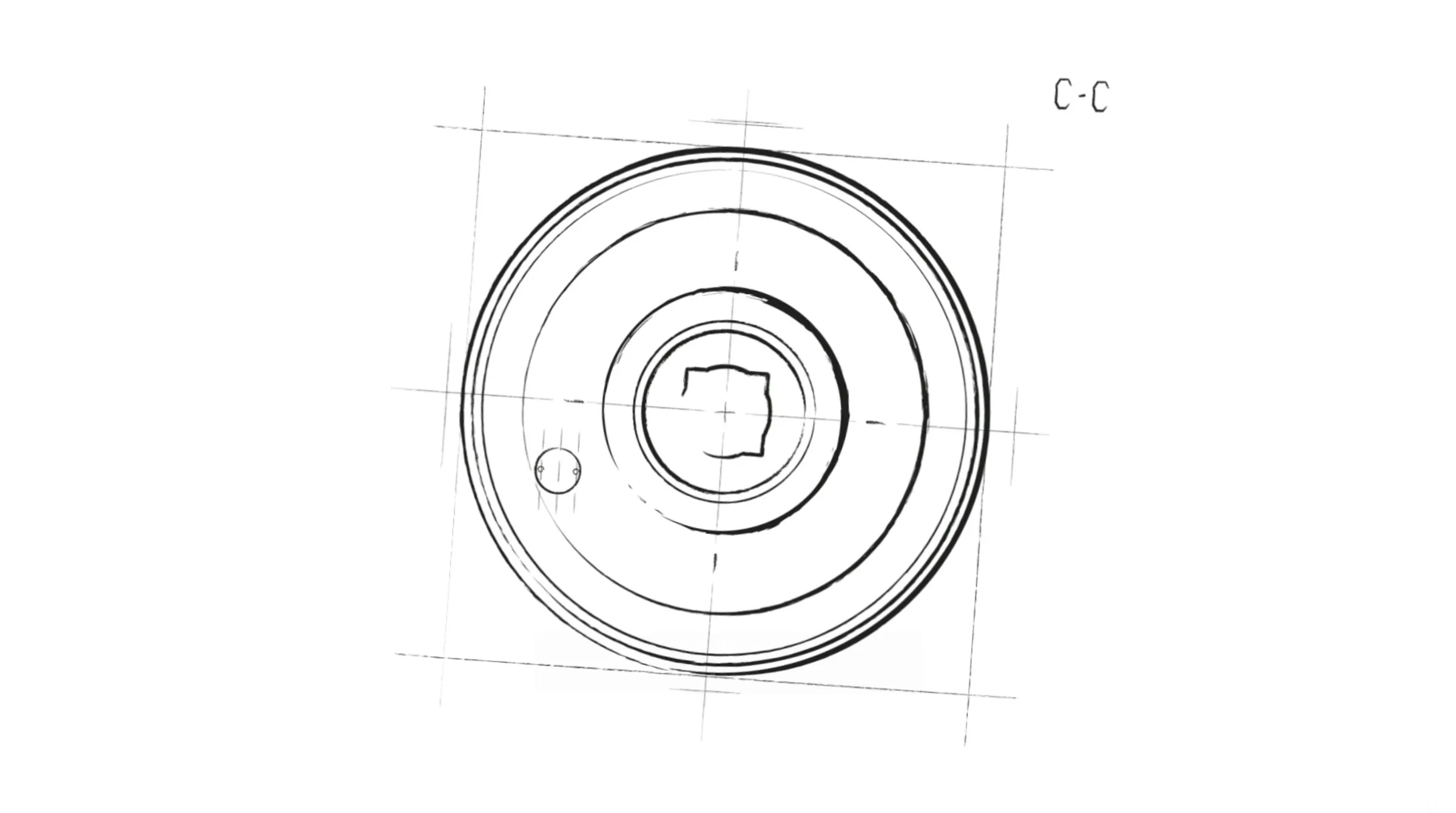 Technische Skizze der Rosette von vorn mit quadratischer Aufnahme für die Spindel, Schnittbezeichnung C-C
