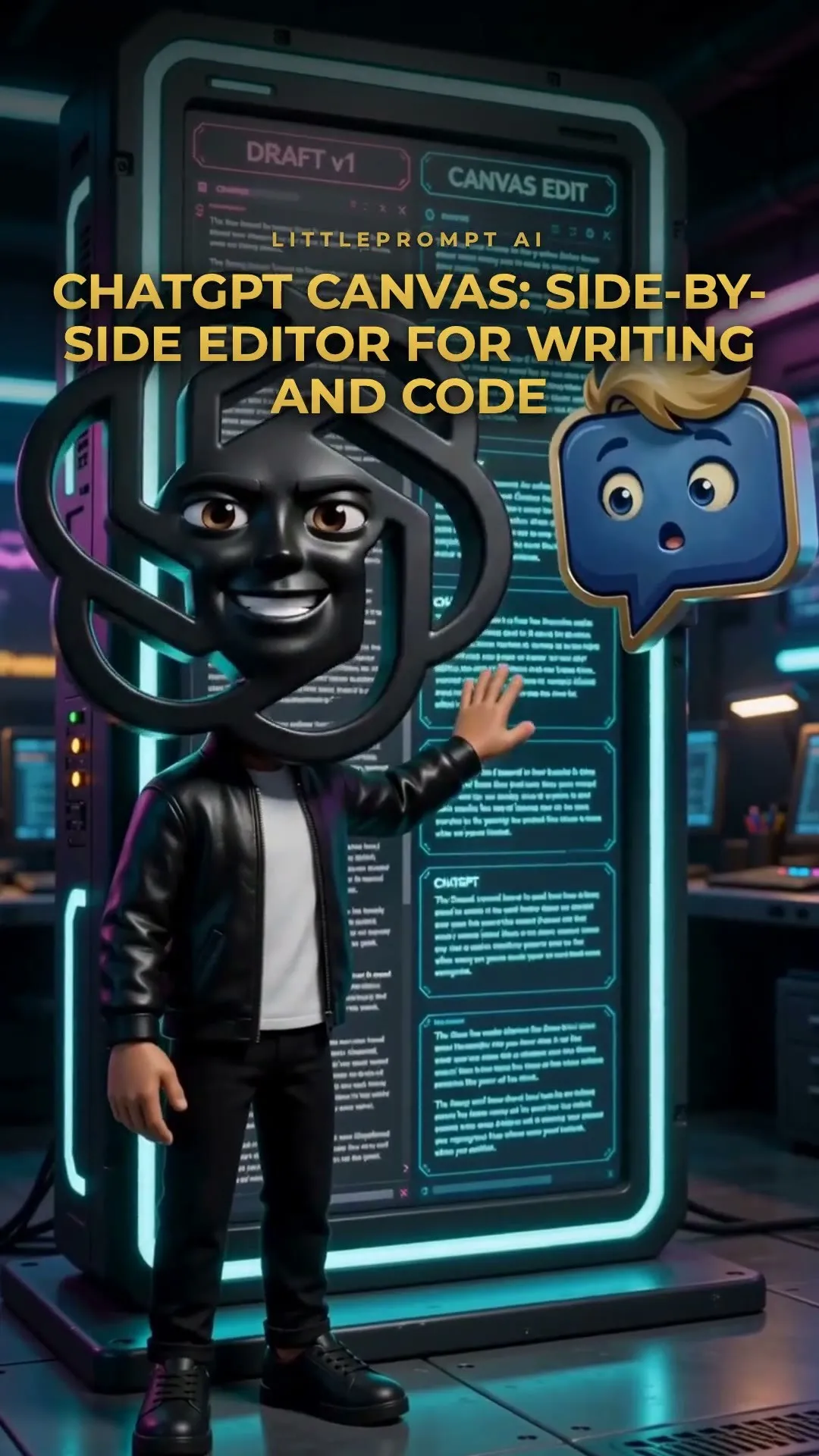 Video, 14 Sekunden, Reel im Hochformat: eine dunkle Figur vor einer Anzeigewand mit zwei Textspalten und den Schaltflächen DRAFT v1 und CANVAS EDIT, daneben eine blaue Sprechblasenfigur. Titel: CHATGPT CANVAS: SIDE-BY-SIDE EDITOR FOR WRITING AND CODE