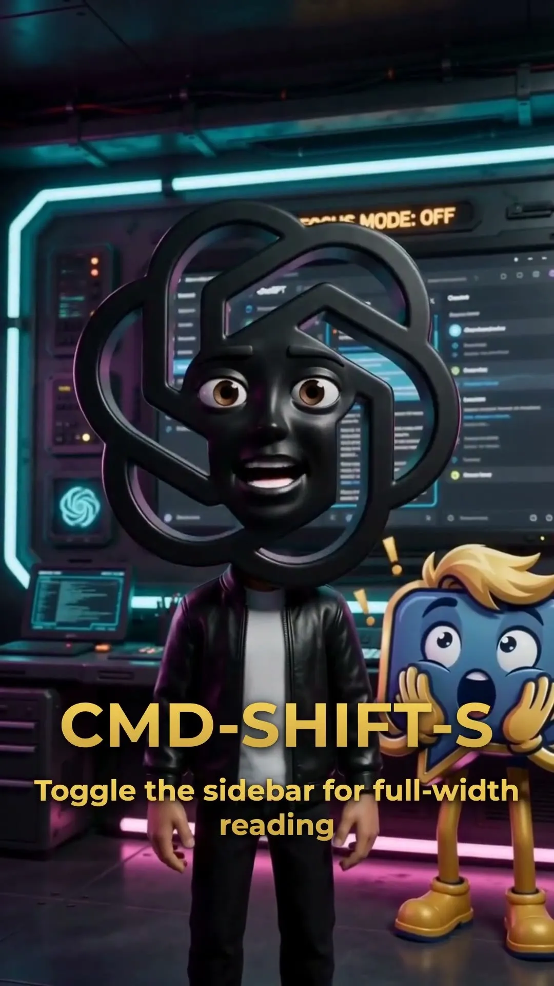 Video, 14 Sekunden, Reel der Reihe TOOL PERSONIFIED: eine Figur mit dem ChatGPT-Symbol als Kopf steht vor einer Anzeigewand, daneben die blaue Sprechblasenfigur mit erschrockenem Gesicht. Titel: CHATGPT CMD-SHIFT-S: TOGGLE THE SIDEBAR FOR FULL-WIDTH READING