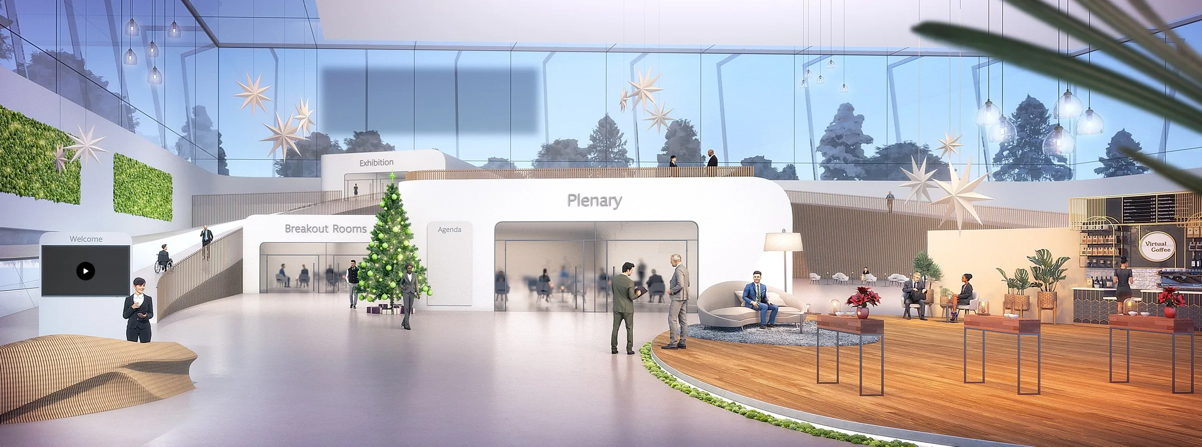 3D-Rendering einer virtuellen Eventlobby mit Empfangstresen, Bildschirm-Terminal, verglaster Fassade, einem Lounge-Bereich aus Holzdeck mit Sitzgruppe und Bar sowie mehreren Personen-Avataren, weihnachtlich dekoriert mit Christbaum und hängenden Sternen