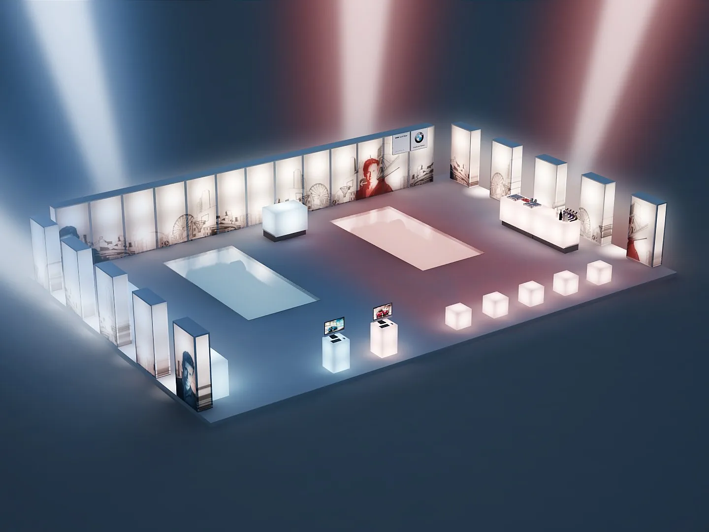 Isometrische 3D-Visualisierung des Messestands mit beleuchteten Stellwänden, Sitzwürfeln und einem Empfangstresen mit BMW-Logo
