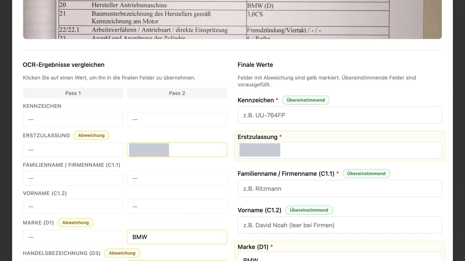 Die App vergleicht zwei Erkennungsdurchläufe Feld für Feld, Abweichungen gelb markiert, personenbezogene Felder abgedeckt