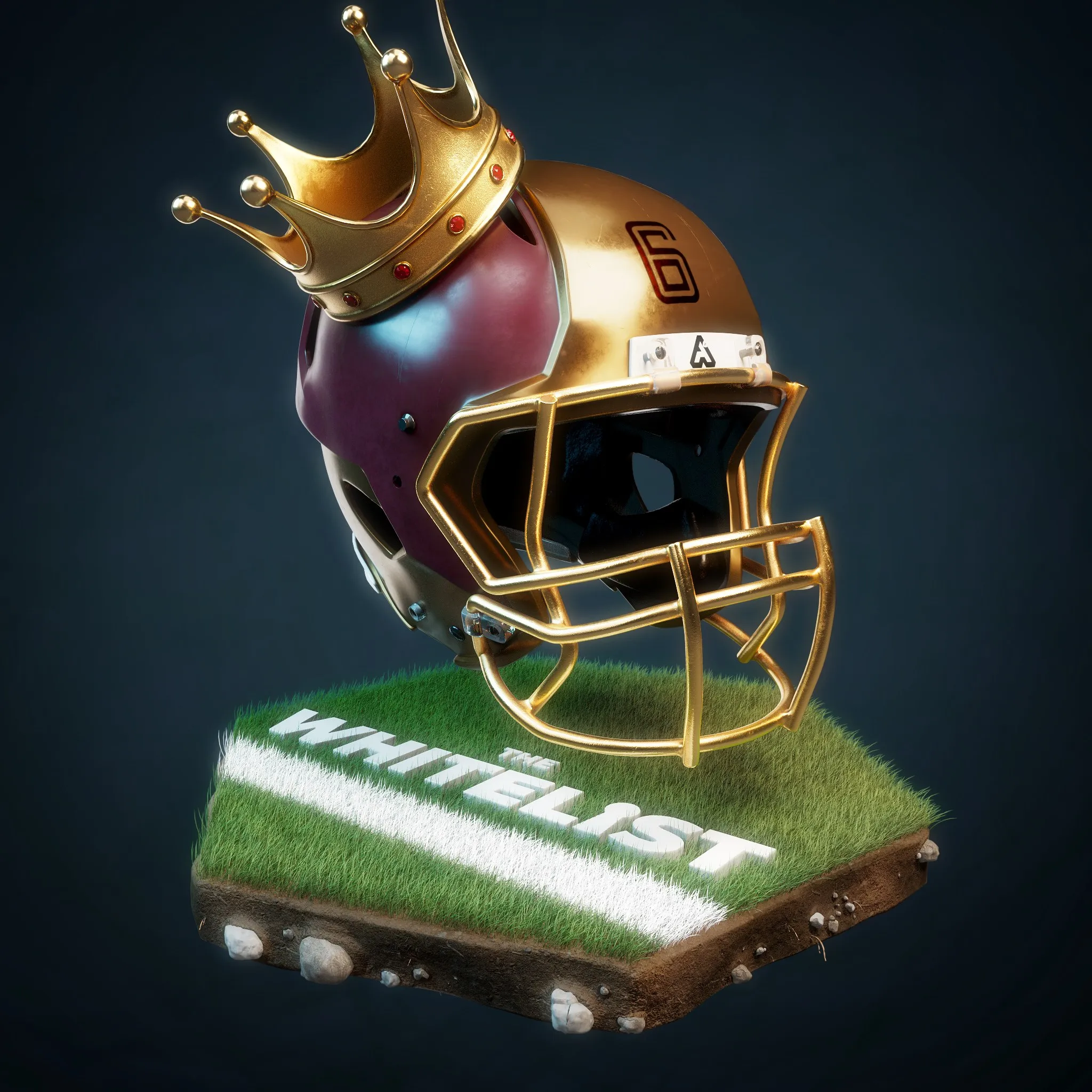 Football-Helm in Weinrot und Gold mit der Nummer 6 und einer goldenen Krone, auf einem Rasenstück mit dem Schriftzug THE WHITELIST